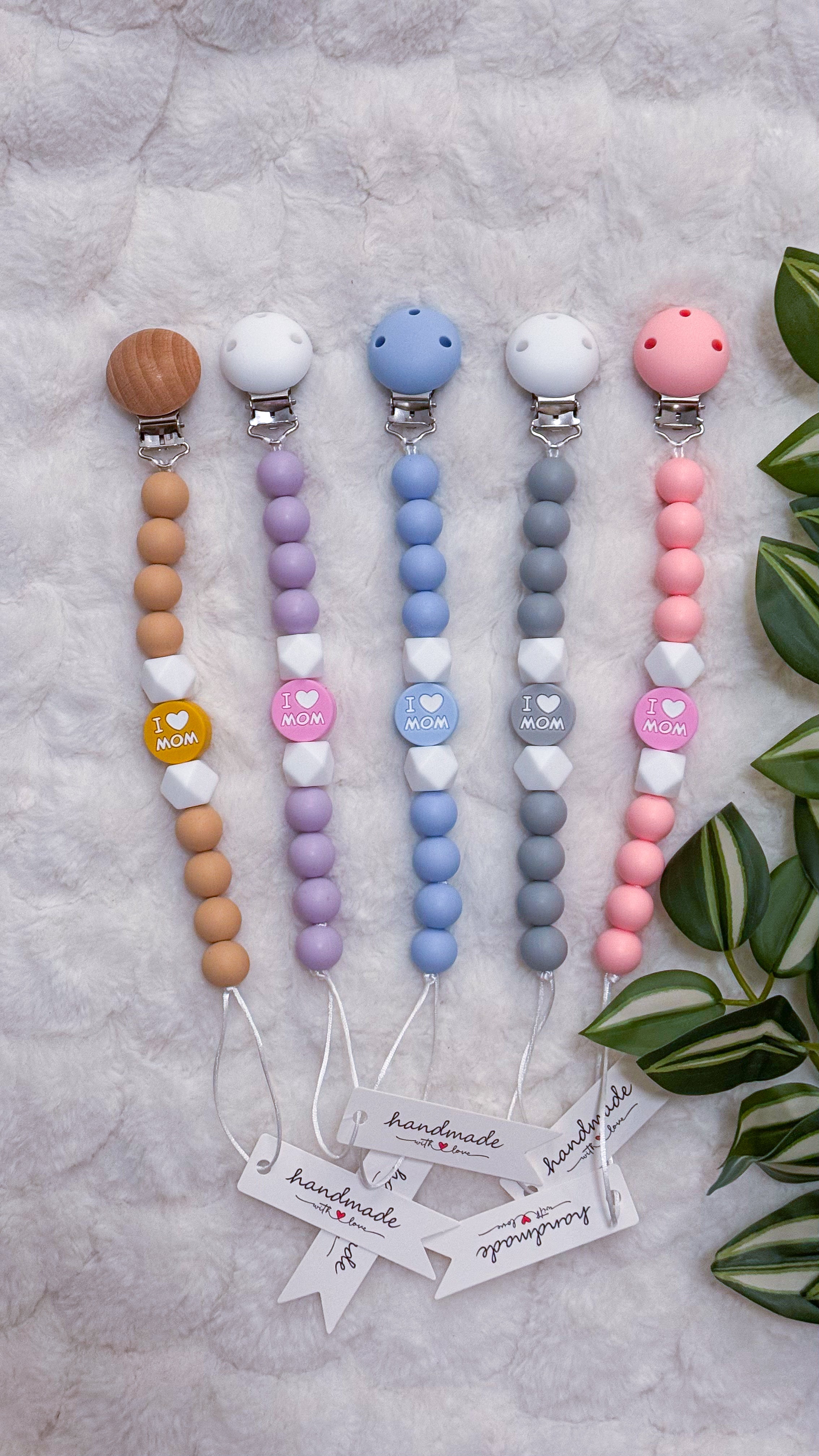 Outseam Pacifier Clip - I Love Mom in Pink — handmade pacifier holder