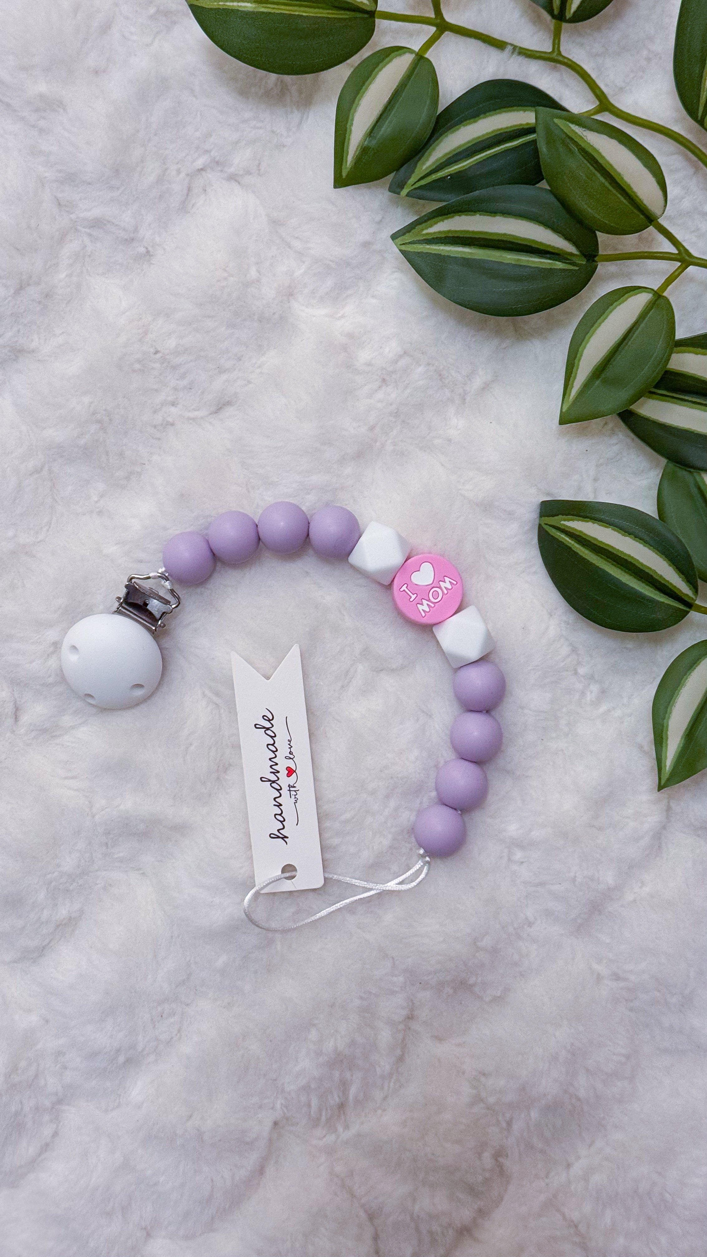 Outseam Pacifier Clip I Love Mom — handmade pacifier holder with silicone beads